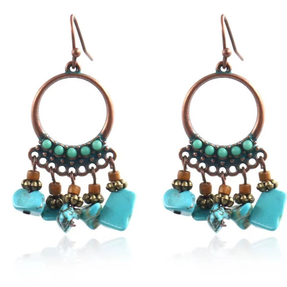 Bohemian Hoop Turquoise Beaded Rustic Dangle Drop Earrings